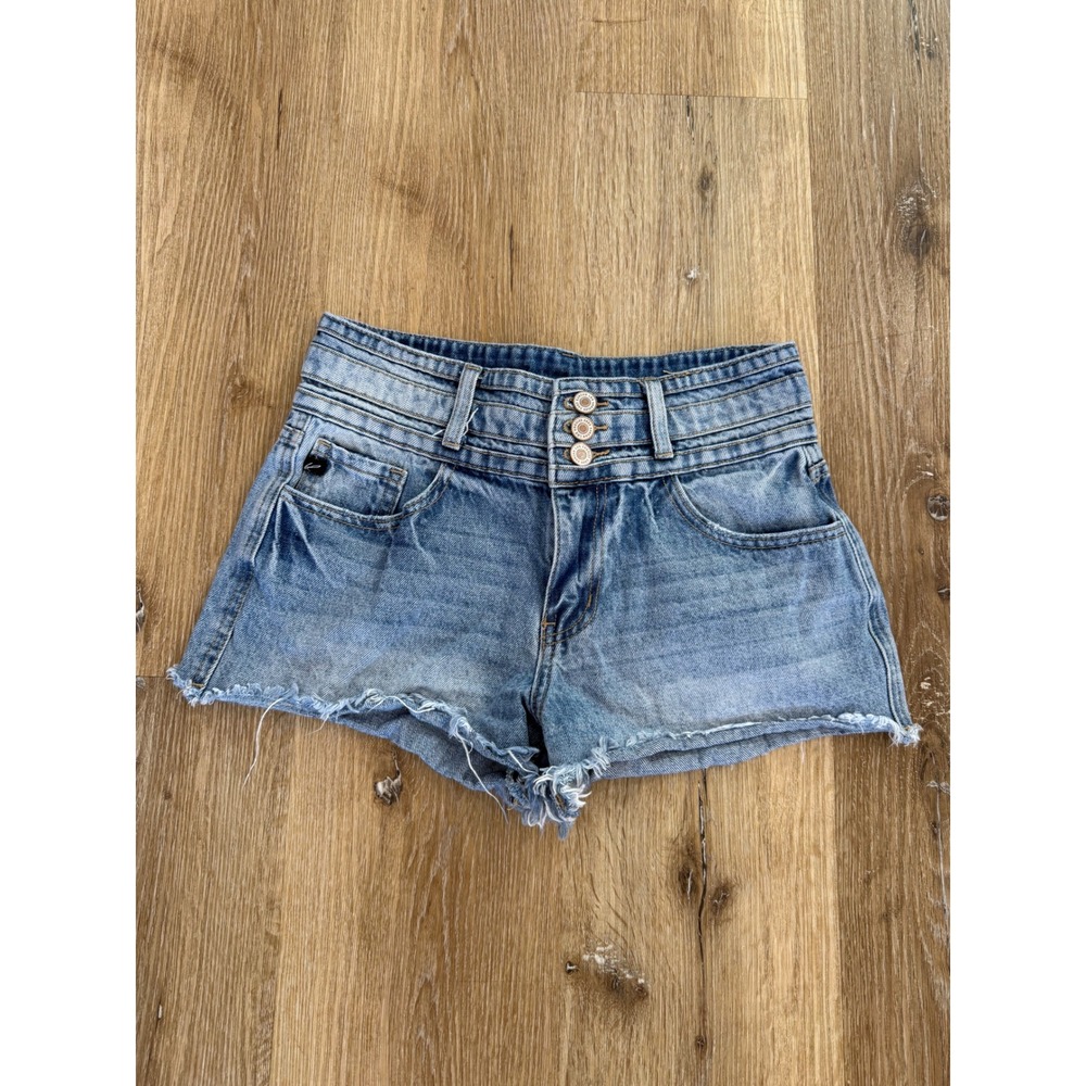 KanCan Denim Shorts Womens 3/25 Light‎ Blue High Rise Triple Button Fly Raw Hem